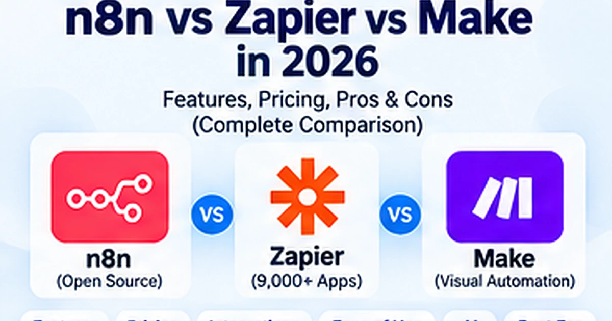 n8n vs Zapier vs Make in 2026 compared for pricing, AI, integrations, ease of use and self-hosting.