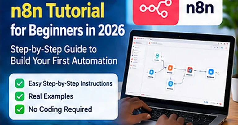 n8n tutorial for beginners in 2026 showing how to build practical workflows with triggers, actions, APIs and AI.