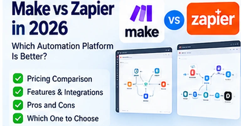 Make vs Zapier in 2026 compared for pricing, integrations, visual workflow design, AI and ease of use.