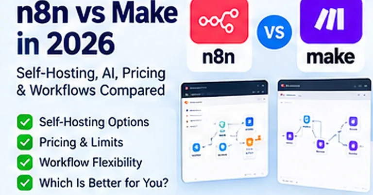 n8n vs Make in 2026 compared for self-hosting, AI automation, pricing, workflow complexity and technical control.